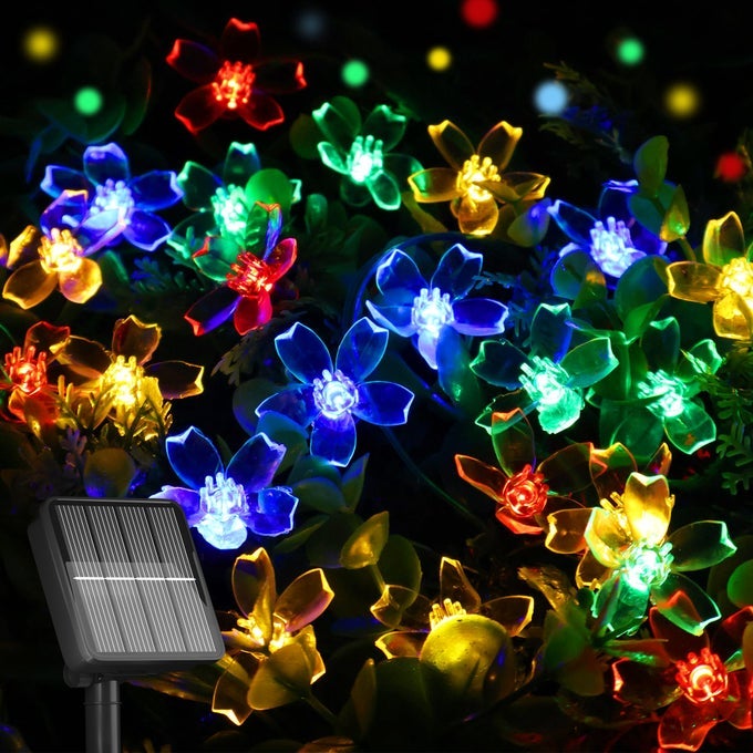 SOLAR STRING LIGHTS FOR OUTSIDE50 LED SOLAR FLOWER LIGHTS OUTDOOR WATERPROOF SOLAR POWERED OUTDOOR DECORATIVE STRING LIGHT FOR YARD LAWN FENCE FLOWER GARDEN CHRISTMAS TREE TREEMULTICOLORED