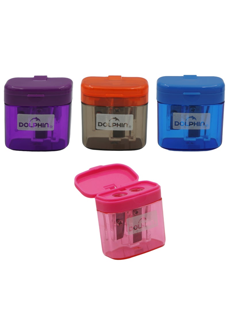 براية أقلام مزدوجة من دولفين X02-2 – عبوة 4 قطع، تصميم متين وصغير الحجم، مناسبة للأقلام العادية والجامبو