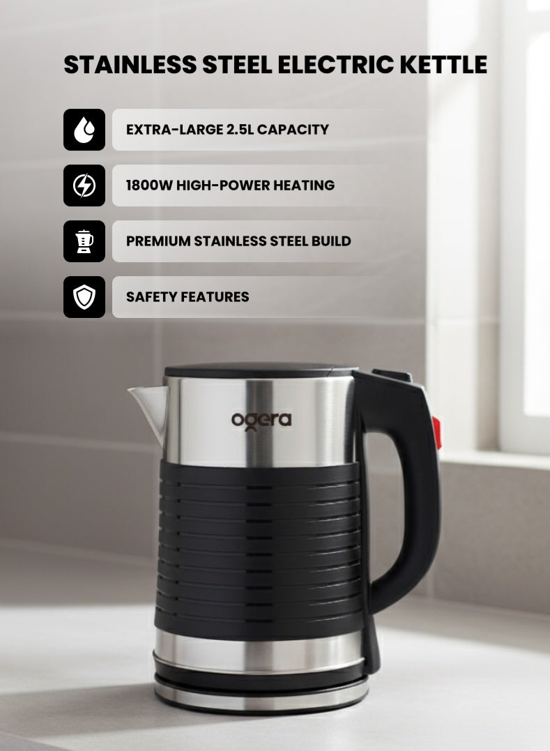 أوجيرا غلاية كهربائية مزدوجة الجدار من أوجيرا OG1510EK | سعة كبيرة 2.5 لتر بدون سلك | جدار مزدوج من الستانلس ستيل | غليان سريع 1800 واط | إيقاف تلقائي وحماية من الغليان الجاف | هيكل بارد الملمس | مثالية للشاي والقهوة والماء الساخن | ضمان سنتين - Image 1