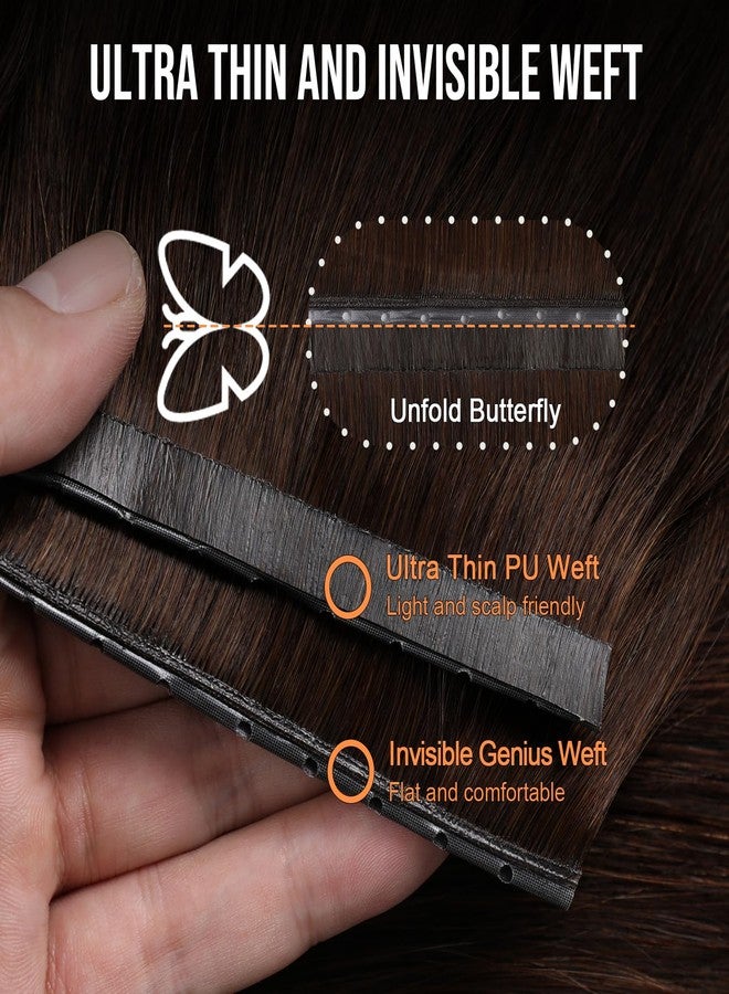 SUYYA Butterfly Weft Hair Extensions Human Hair Glueless OVO Pu Hole Genius Hand Tied Invisible DIY Double Weft Hair Extensions Straight 2PCS 14 inches Color #2 Darkest Brown - Image 4