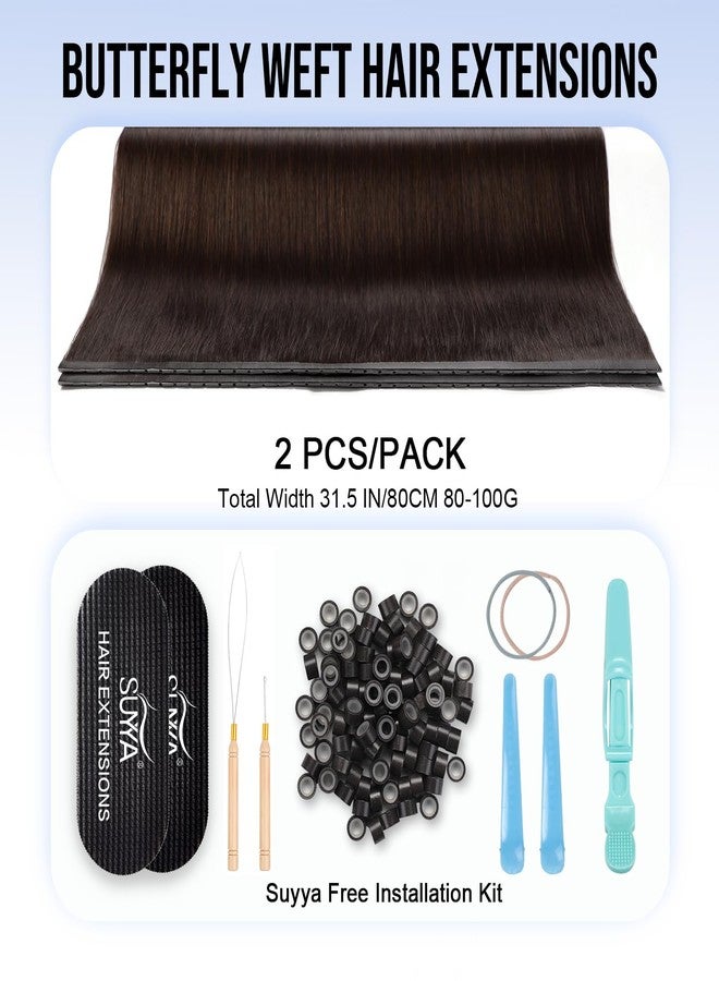 SUYYA Butterfly Weft Hair Extensions Human Hair Glueless OVO Pu Hole Genius Hand Tied Invisible DIY Double Weft Hair Extensions Straight 2PCS 14 inches Color #2 Darkest Brown - Image 2