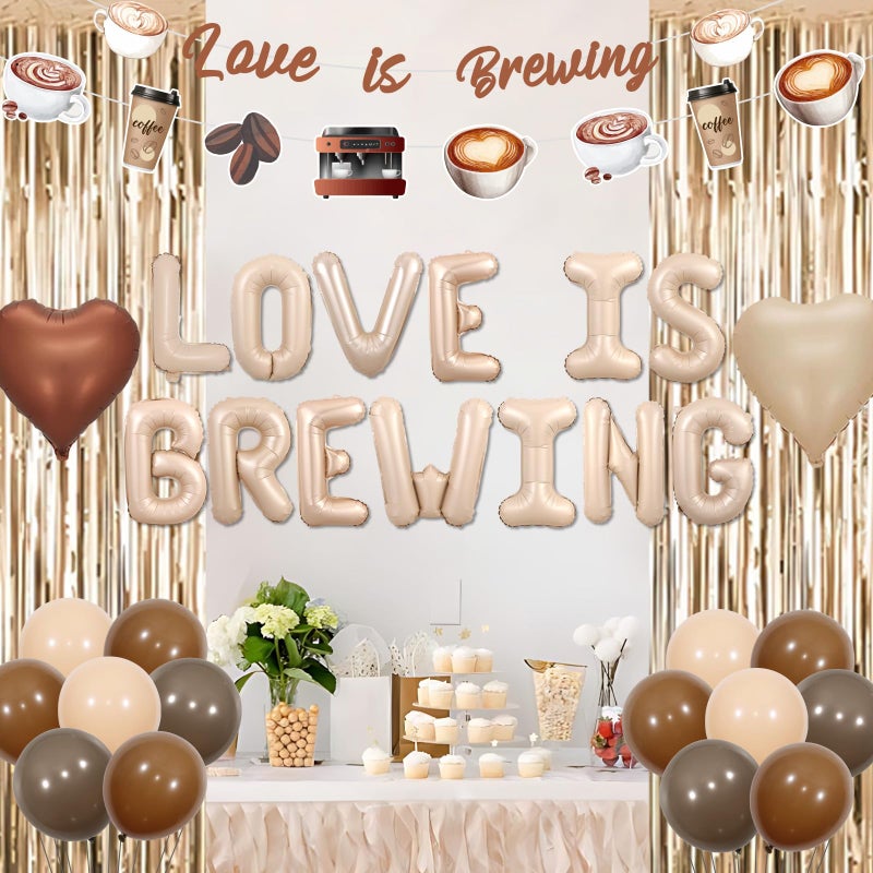 Funmemoir Coffee Bridal Shower Decorations Love Is Brewing Balloons Banner Coffee Theme Garland Foil Fringe for Girls Women Cafe Bar Theme Bachelorette Bridal Shower Wedding Shower Party Supplies - Image 2