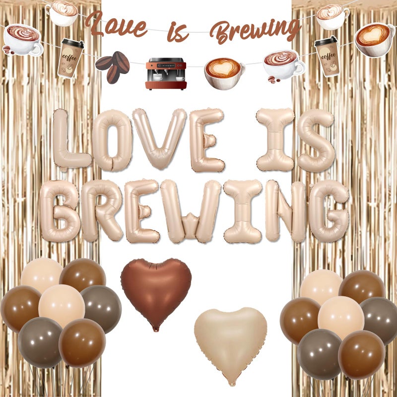 Funmemoir Coffee Bridal Shower Decorations Love Is Brewing Balloons Banner Coffee Theme Garland Foil Fringe for Girls Women Cafe Bar Theme Bachelorette Bridal Shower Wedding Shower Party Supplies - Image 1