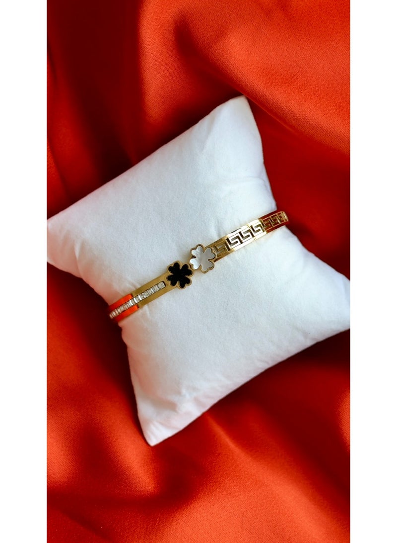 Gold Bracelet Bangle for Ladies Stainless steel Jewelry  Elegant double Flower Black&white Inlay with 2 different design models on each side  Durable and Water resistant Material Ref-ANAIA0005  - Image 1