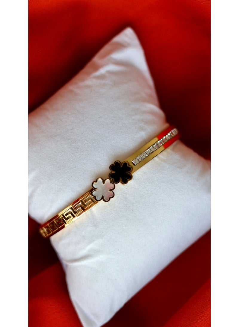 Gold Bracelet Bangle for Ladies Stainless steel Jewelry  Elegant double Flower Black&white Inlay with 2 different design models on each side  Durable and Water resistant Material Ref-ANAIA0005  - Image 3