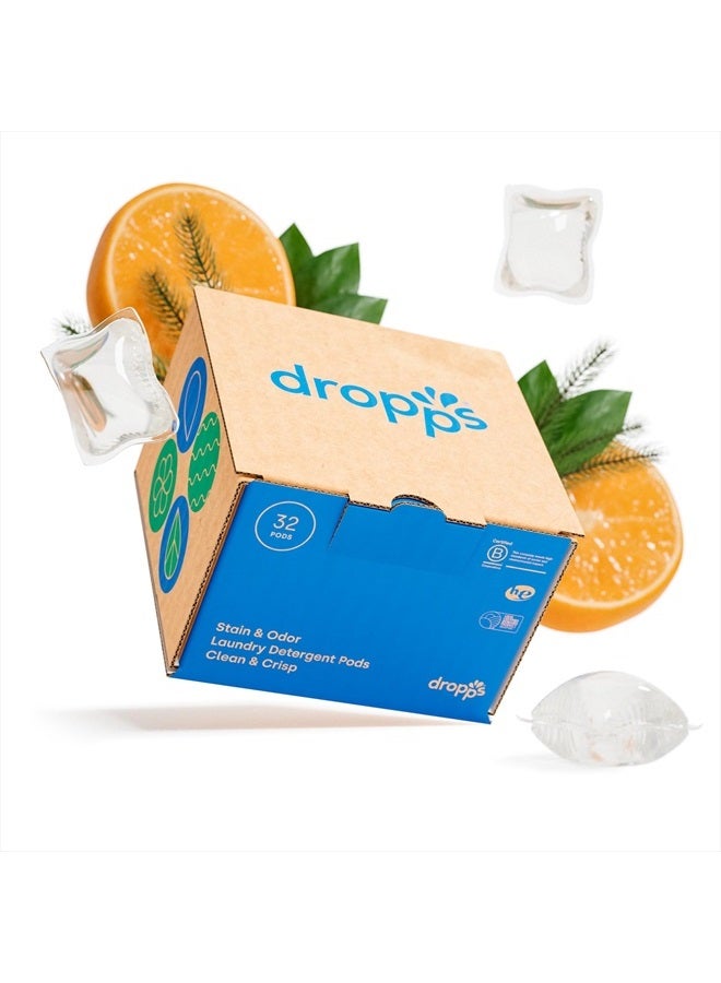 Dropps Stain & Odor Laundry Detergent Pods: Clean & Crisp | 32 Count | HE Compatible + All Washers | Cold Wash + All Temperatures | Tackles Tough Odors | Low Waste Packaging - Image 1