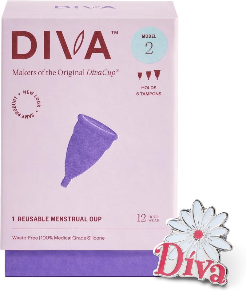 DivaCup Diva Cup & Pin - Medical Grade Silicone Cup for Period Care - Reusable Menstrual Cup - Up to 12 Hours of Continuous Wear - Model 2 (for Wide Vaginal Canals, Post-Partum & Ages 35+) - with Enamel Pin 