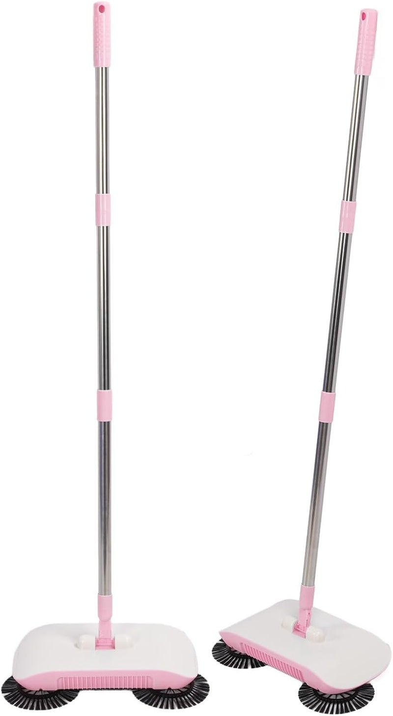Carpet Sweeper Manual Push Handheld, Hard Floor Cleaner with 180 Degree Rotating Mopping Head for Wooden Marble Tile Floors, 2 in 1 Spin Sweeper for Multi-Surface Cleaning (Pink) - Image 1