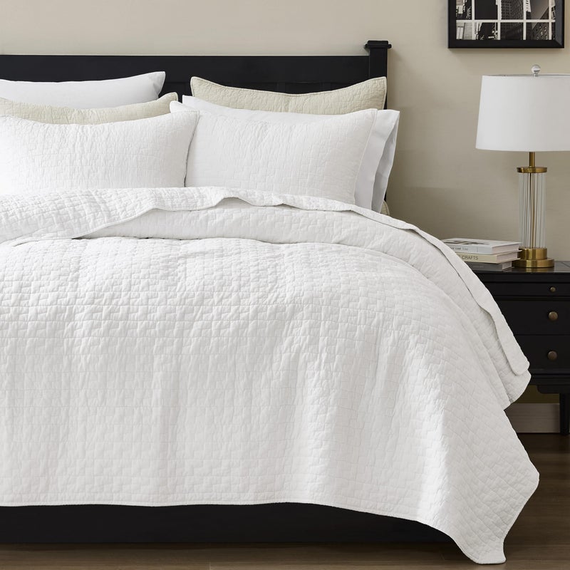 palassio White 100% Cotton Quilt Twin Size Bedding Sets with 1 Pillow Sham, Textured Lightweight Soft Bedspread Shabby Chic Coverlet, Quilted Thin Comforter Bed Cover for All Season, 2 Pieces - Image 1