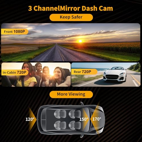 UNITOPSCI 3 Channel 966 WiFi Mirror Dash Cam with Front and Rear Camera IPS Touch ScreenTriple Rear View Mirror Camera with App Recording64GB TF CardLoop RecordingNight Vision GSensor Parking Monitor - Image 3