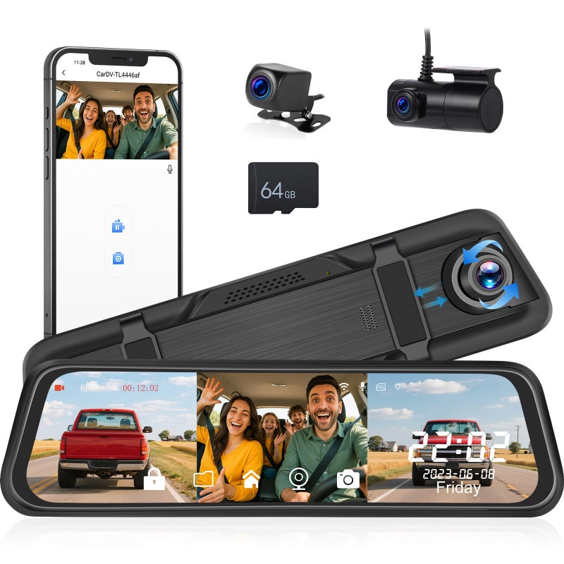 UNITOPSCI 3 Channel 966 WiFi Mirror Dash Cam with Front and Rear Camera IPS Touch ScreenTriple Rear View Mirror Camera with App Recording64GB TF CardLoop RecordingNight Vision GSensor Parking Monitor - Image 2