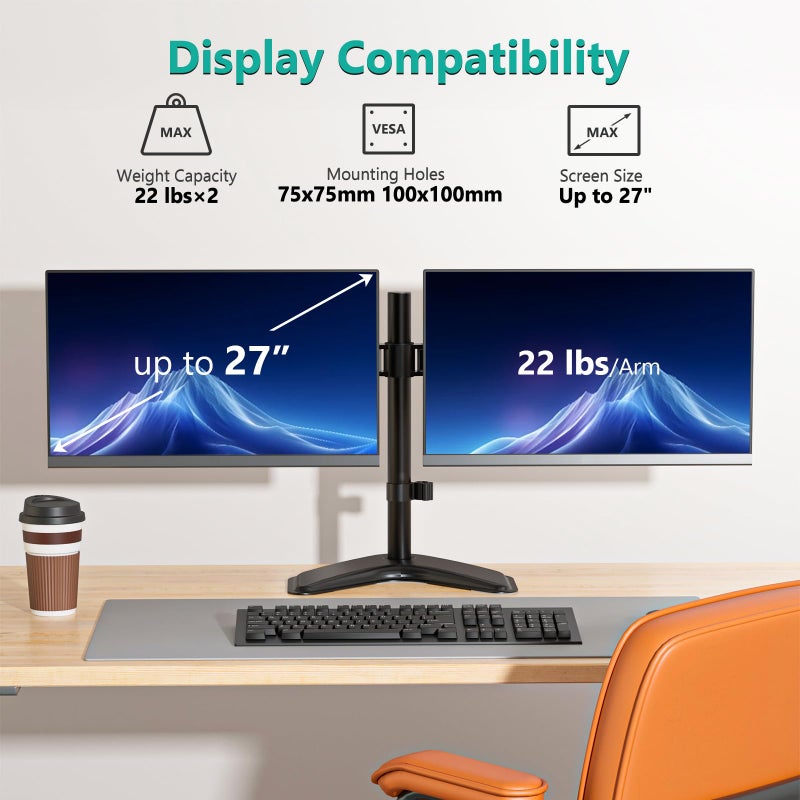 WALI Dual Monitor Stand for Screen Up to 27 Inch, Freestanding Articulating Dual Monitor Arm with Tilt Swivel Rotate, Adjustable Double Monitors Arm Holds Up to 10 kg, VESA 75 & 100mm, Black (MF002) - Image 2