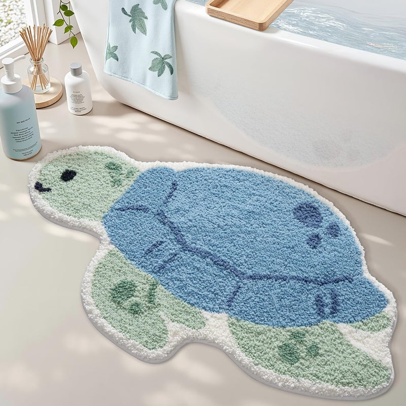 LUMI Cute Animal Bathroom Rugs, Plush Absorbent Bath Mats for Bathroom, Non-Slip Backing Washable Bath Mat, Ideal for Shower Sink Bathtub Room Decor, 20"x33", Blue Sea Turtle - Image 1