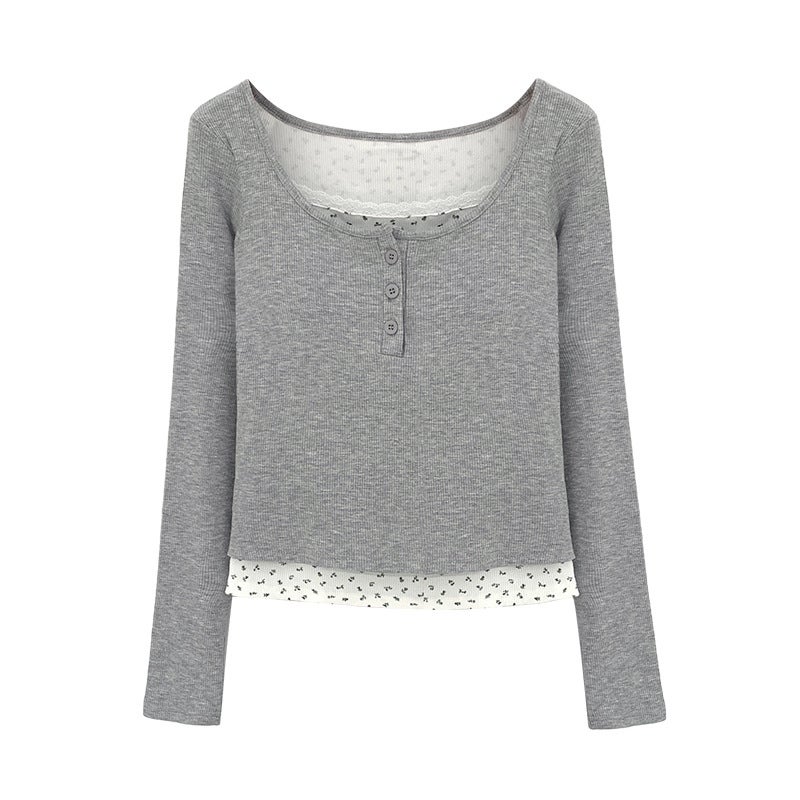 Discount Korean Style Floral Fake Two-piece Inner Base Shirt Women's Brand New Style Brushed Long-sleeved T-shirt with Chest Pad - Image 5