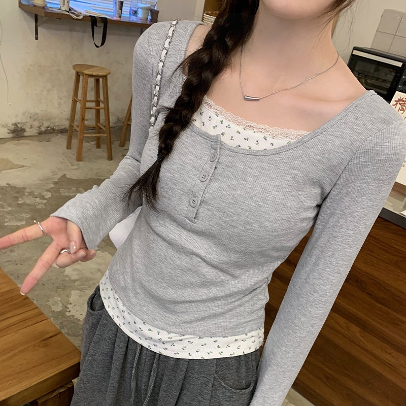 Discount Korean Style Floral Fake Two-piece Inner Base Shirt Women's Brand New Style Brushed Long-sleeved T-shirt with Chest Pad - Image 2