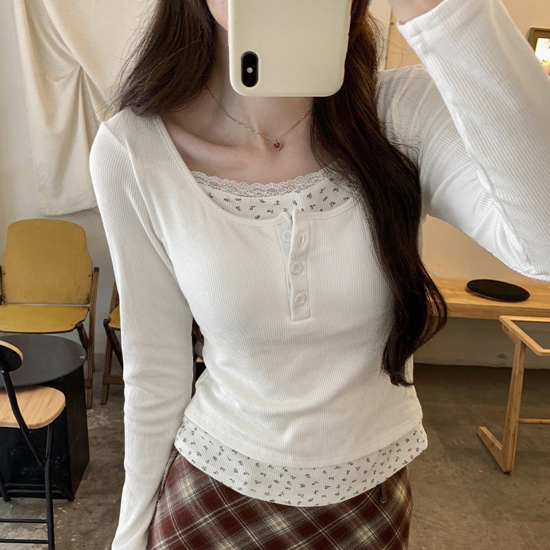 Discount Korean Style Floral Fake Two-piece Inner Base Shirt Women's Brand New Style Brushed Long-sleeved T-shirt with Chest Pad - Image 1