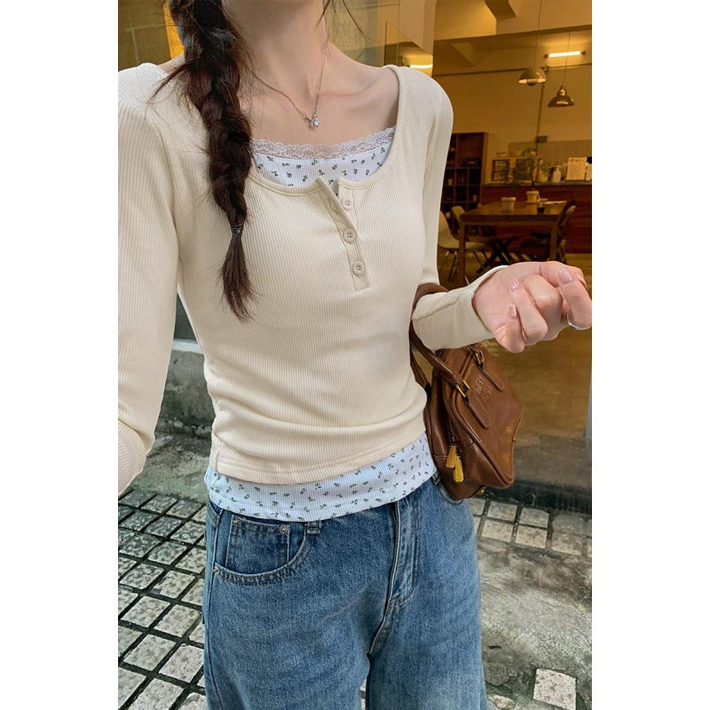 Discount Korean Style Floral Fake Two-piece Inner Base Shirt Women's Brand New Style Brushed Long-sleeved T-shirt with Chest Pad - Image 3