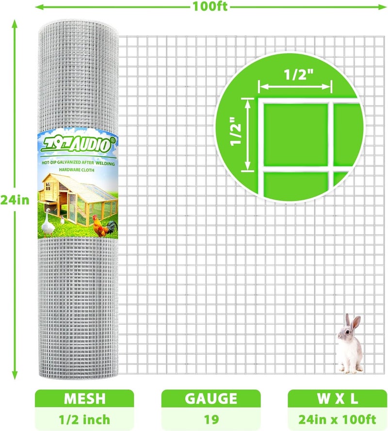 797Audio Hardware Cloth Hot Dip Galvanized After Welding,1/2 inch 24 in x 100 ft 19 Gauge,Chicken Wire,Metal Fence Mesh Wire Roll,Garden Fencing Welded Wire Mesh for Pet Enclosures,Poultry and Agricultural Use - Image 2