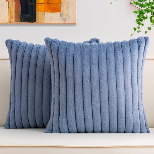 Aegero Pack of 2 Faux Fur Christmas Throw Pillow Covers 18x18 Inch Soft Plush Striped Neutral Couch Pillow Cover with Velvet Back Modern Home Decor for Sofa Living Room Couch Bed Blue - Image 1