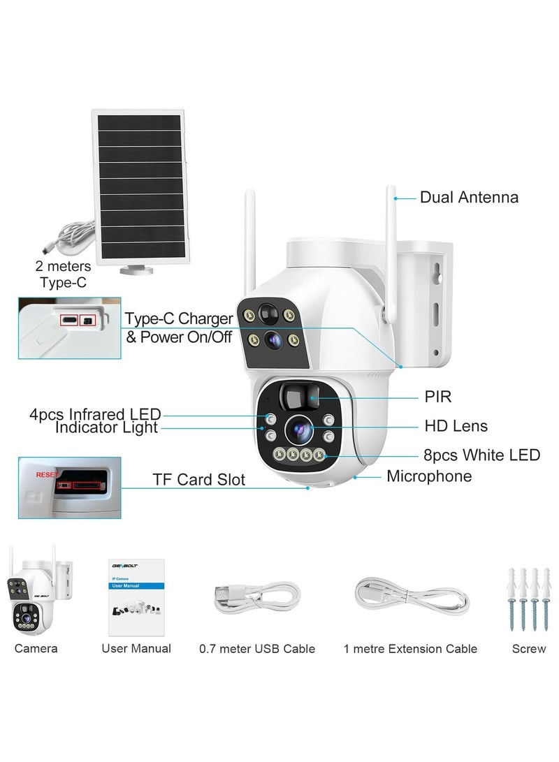 Solar WiFi Security Camera Outdoor Wireless, 8W 15600mAh Battery Powered Home Surveillance Camera CCTV with Dual View, Dual lens Spotlight IP Camera with Color Night, PIR Detection