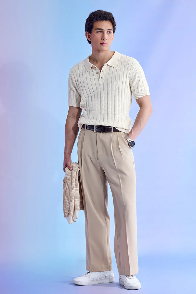 سنيتش Beige Ribbed Half Sleeve Regular Fit T-Shirt