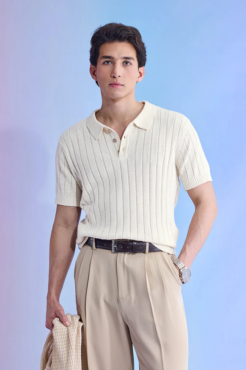 سنيتش Beige Ribbed Half Sleeve Regular Fit T-Shirt