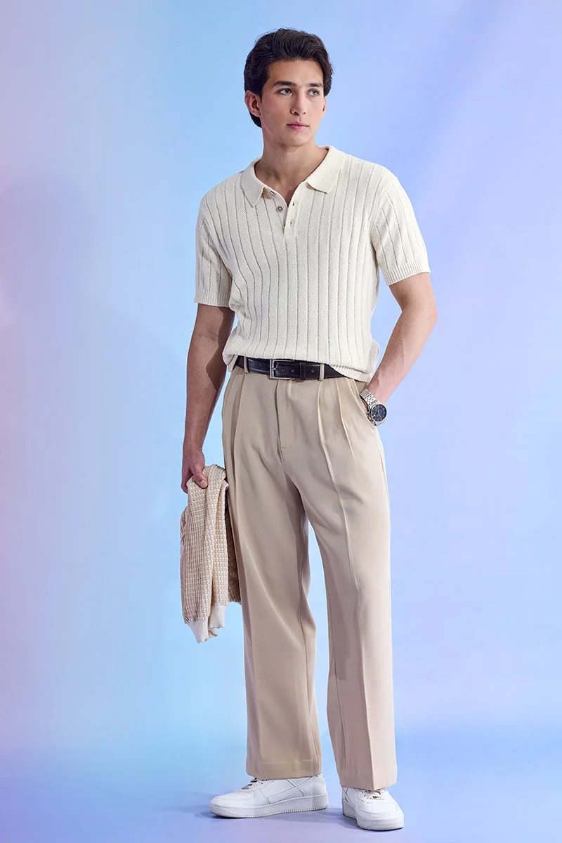 سنيتش Beige Ribbed Half Sleeve Regular Fit T-Shirt