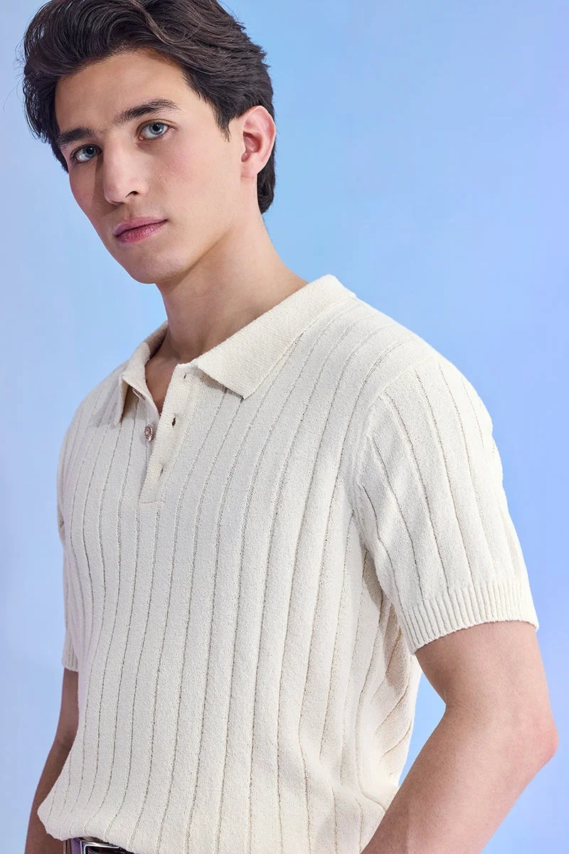 SNITCH Beige Ribbed Half Sleeve Regular Fit T-Shirt