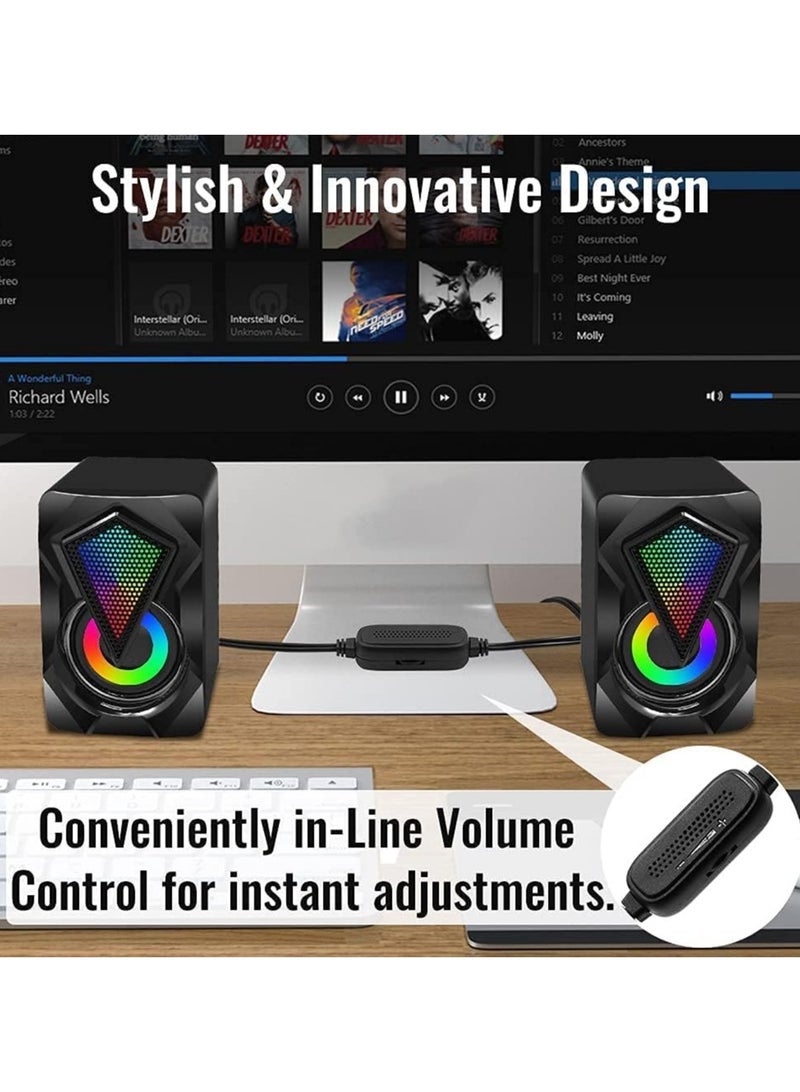 PC Speakers,Mini Desktop Speaker for PC with Colorful LED Light,Stereo 2.0 USB Powered 3.5mm Aux Portable Gaming Multimedia Speaker for Computer Laptop Monitor,Tablets,Music Player - Image 2