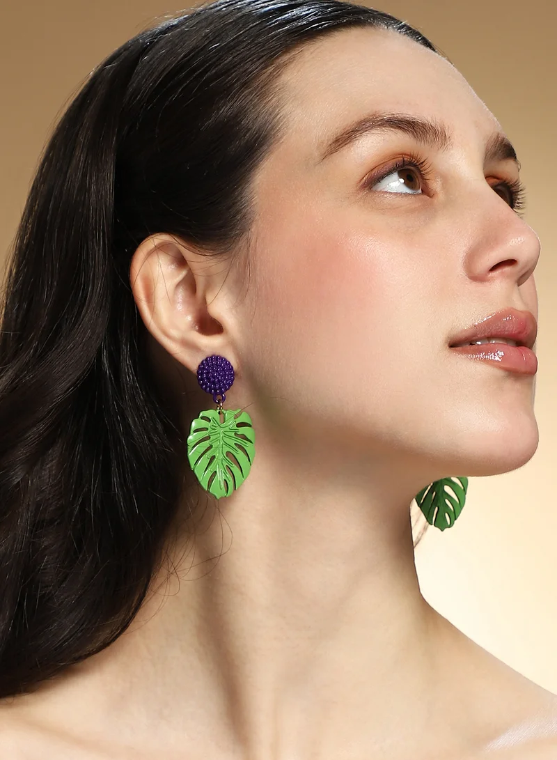 SOHI SOHI Women The Palm-Block Drop Earrings | Kelly Green & Grape Purple Colour | One-Size | Metallic Alloy Material | Push Back Closure | Earrings For Casual & Evening Wear