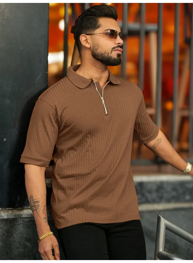 Maniac  Maniac Men textured polo neck half sleeve half zipper light grey color cotton t-shirt for Men | Best Price UAE