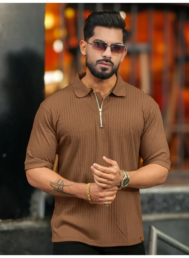 مانياك تيشيرت قطن رجالي مانياك بياقة بولو بنصف سحاب ولون رمادي فاتح