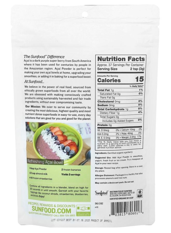Sunfood Organic Acai Powder 4 oz (113 g) - Image 2