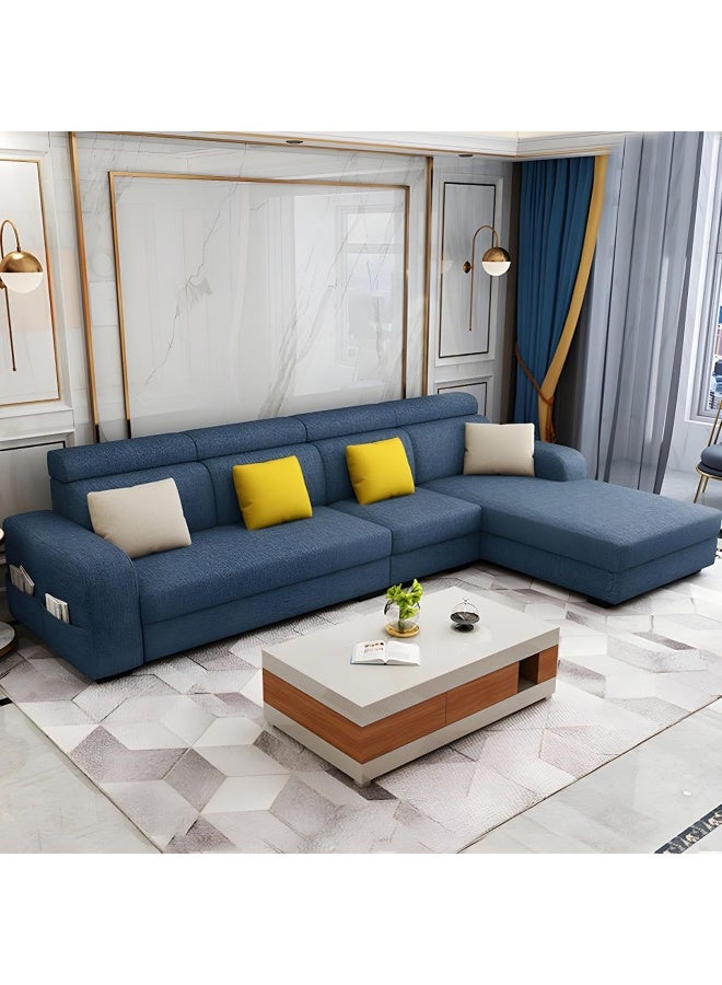 Generic Stylish Retro 4-Seater Sofa with Chaise Lounge  Square Arm Design in Premium Fabric Upholstery (Blue, LEFT BED) - Image 1
