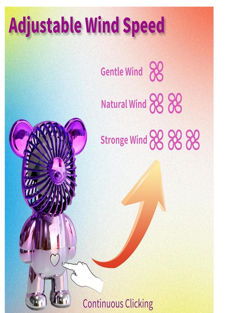 Mini Fan, Portable Personal Fan Battery Powered USB Rechargeable Fan with 3 Speeds Adjustable Cute Bear Design for Outdoor, Office, Travel, Summer, Kids Girls - Image 4