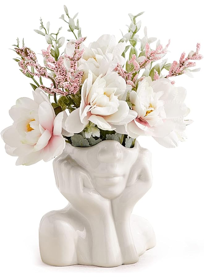 The Bros Ceramic Face Vase, Lady Form Head Half Body Bust Vases, White Ceramic Vase, Modern Nordic Style Flower Vase for Table Shelf Living Room Office Decor-C - Image 1