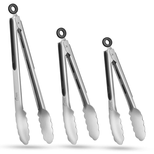 Hotec Stainless Steel Kitchen Tongs, Set of 3-7", 9" and 12", Locking Metal Food Tongs for Cooking, Serving, BBQ, Grill Non-Slip Grip - Image 1