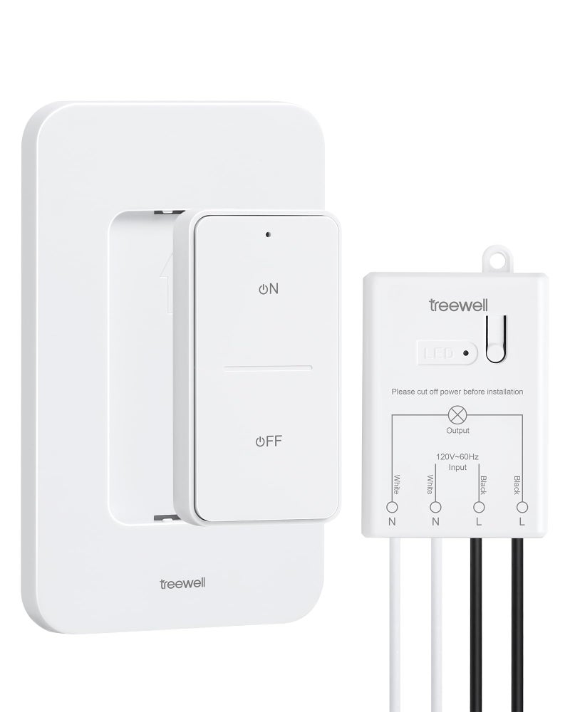 TREEWELL Wireless Light Switch and Receiver Kit, 200FT RF Range Remote Control Light Switch, No Rewiring, No Interference, Wireless Wall Switch for Ceiling Light, Fans, Lamps, Pre-Programmed - Image 1
