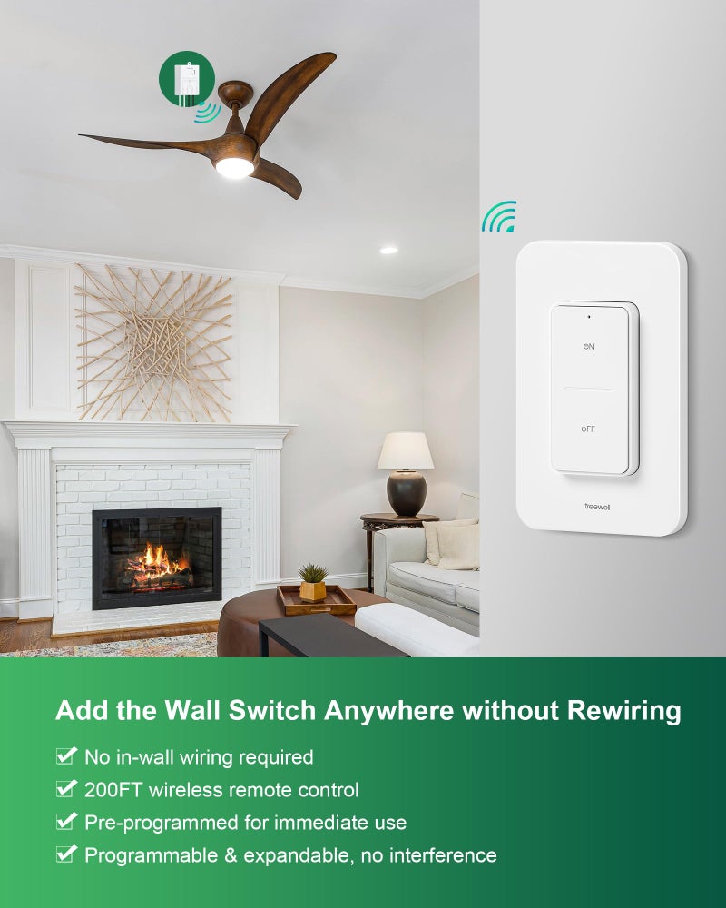 TREEWELL Wireless Light Switch and Receiver Kit, 200FT RF Range Remote Control Light Switch, No Rewiring, No Interference, Wireless Wall Switch for Ceiling Light, Fans, Lamps, Pre-Programmed - Image 2