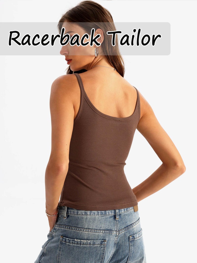 Danysu Ribbed Cotton Built in Bra Tank Tops for Women Non See Through Thick Strap Layering Kitted Women's Tanks & Camis Cedar Brown Medium - Image 5