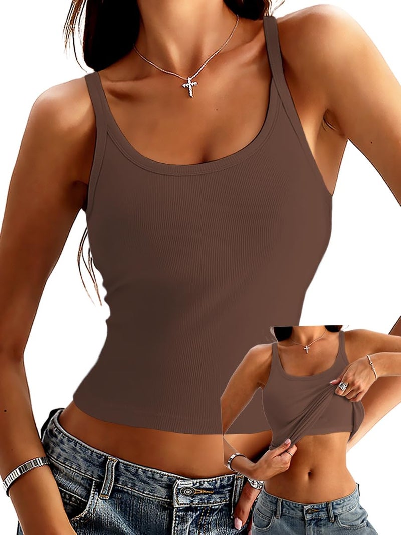 Danysu Ribbed Cotton Built in Bra Tank Tops for Women Non See Through Thick Strap Layering Kitted Women's Tanks & Camis Cedar Brown Medium - Image 1