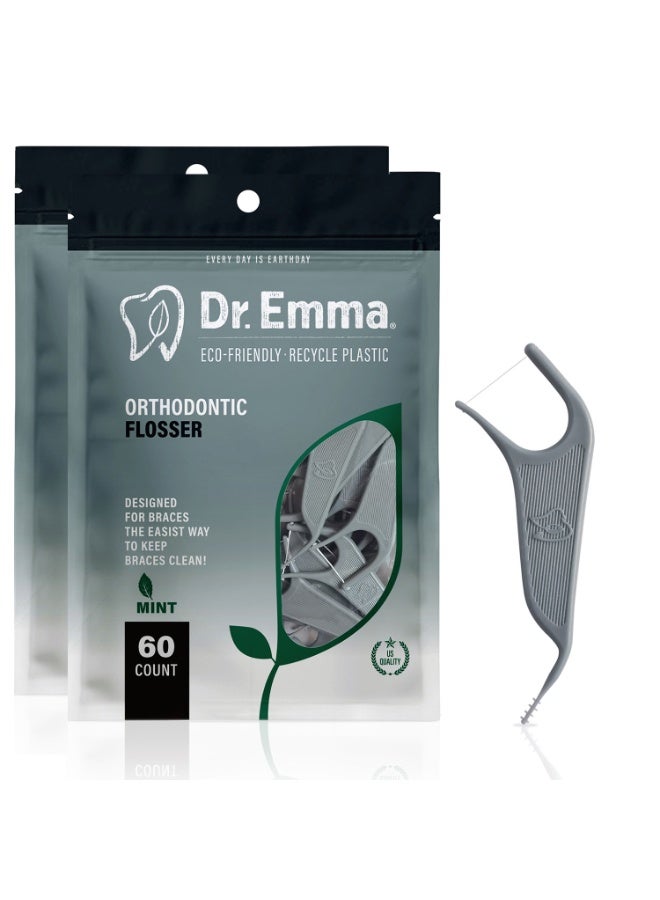 Dr.Emma Dr. Emma Orthodontic Flossers for Braces, Ortho Dental Floss Picks, Mint Flavor 60 Count/Bag (Gray, 2pack) - Image 1