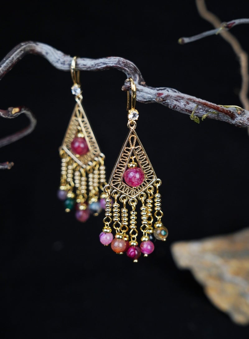 GALADUNE Elegant Middle Eastern Style Tassel Earrings for Women Featuring Gold-Plated Geometric Frames with Colorful Agate Beads Suit for Parties Weddings Festivals and Eid Gifts - Image 4