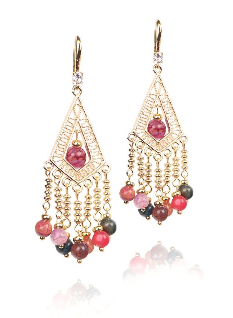 GALADUNE Elegant Middle Eastern Style Tassel Earrings for Women Featuring Gold-Plated Geometric Frames with Colorful Agate Beads Suit for Parties Weddings Festivals and Eid Gifts - Image 1