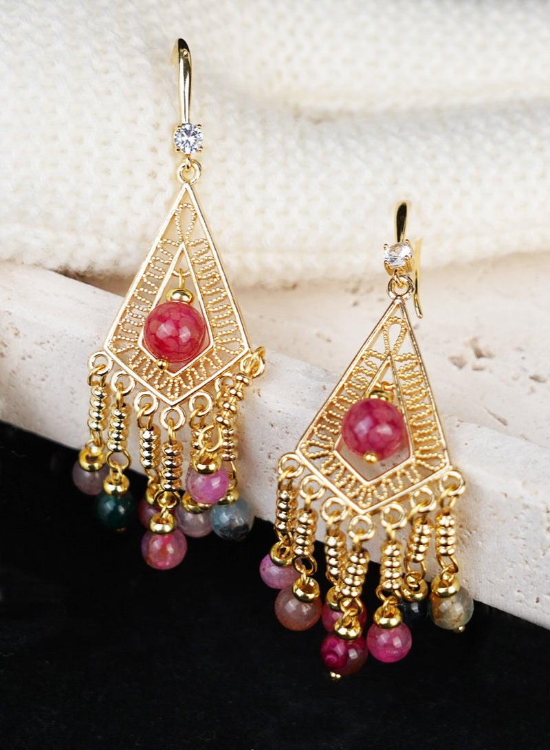 GALADUNE Elegant Middle Eastern Style Tassel Earrings for Women Featuring Gold-Plated Geometric Frames with Colorful Agate Beads Suit for Parties Weddings Festivals and Eid Gifts - Image 3