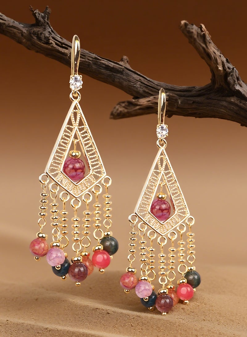 GALADUNE Elegant Middle Eastern Style Tassel Earrings for Women Featuring Gold-Plated Geometric Frames with Colorful Agate Beads Suit for Parties Weddings Festivals and Eid Gifts - Image 5