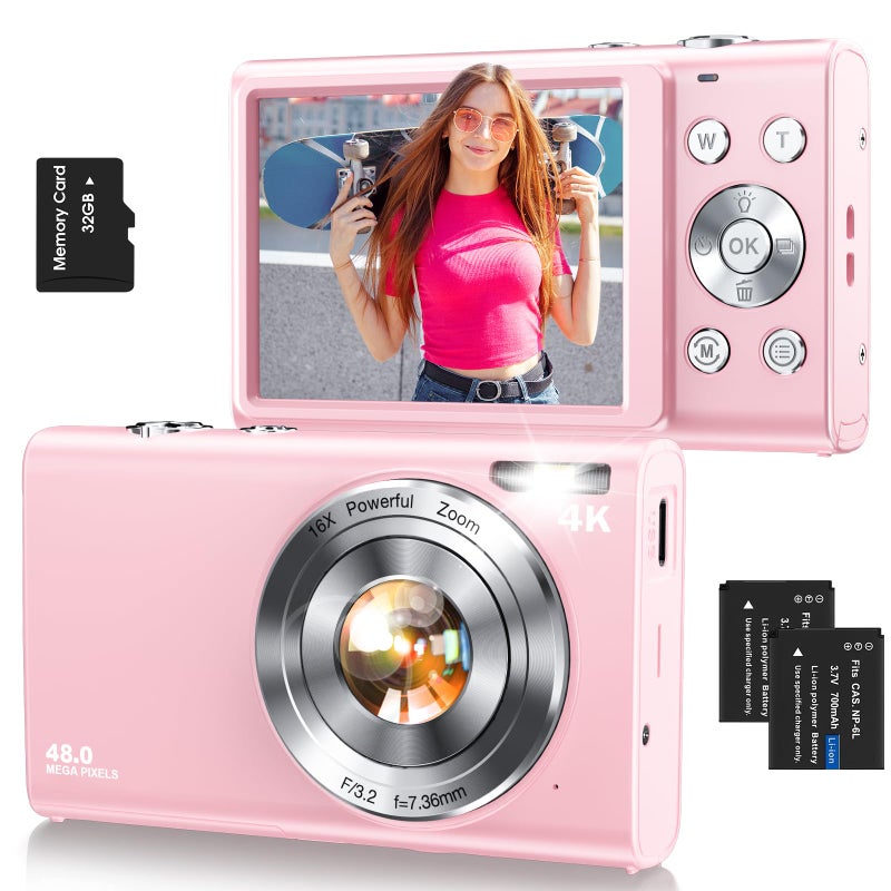 Lecnippy Digital CameraAutofocus 4K Vlogging Camera for Photography with 32GB Card48MP Portable Compact Point and Shoot Digital Camera for Teens Adult Beginner with 16X ZoomAntiShake2 BatteriesPink - Image 2