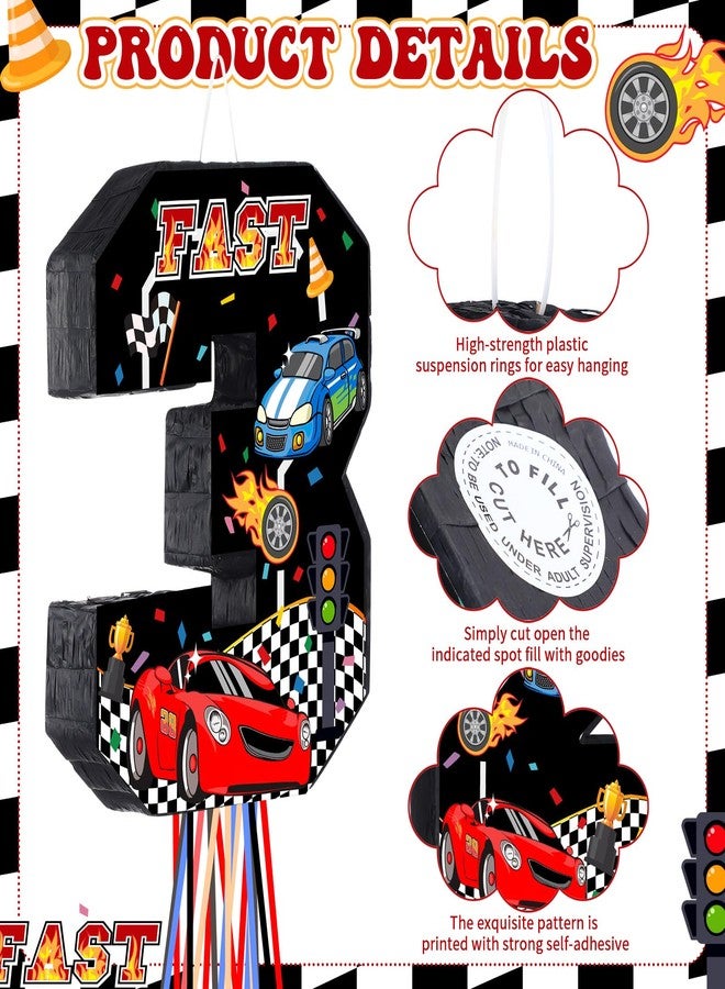 Harrycle Race Car Number Pinata Girl Pull String Fast Pinata Small Racing Theme Pinata with Blindfold Stick Confetti for Boys Birthday Decorations Party Supplies (Number 3) - Image 3