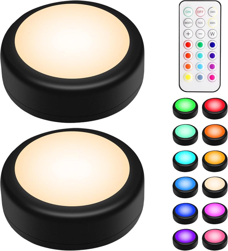 BLS LED Puck Lights with Remote, RGB 13 Color Changing Under Cabinet Lighting Wireless, AA Battery Operated, Tap, Touch, Push Stick on Lights for Closet, Kitchen, Night, Dimmer & Timer, Black, 2 Pack - Image 1