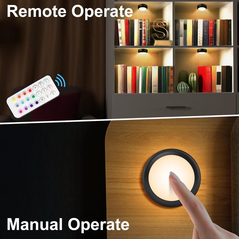 BLS LED Puck Lights with Remote, RGB 13 Color Changing Under Cabinet Lighting Wireless, AA Battery Operated, Tap, Touch, Push Stick on Lights for Closet, Kitchen, Night, Dimmer & Timer, Black, 2 Pack - Image 2